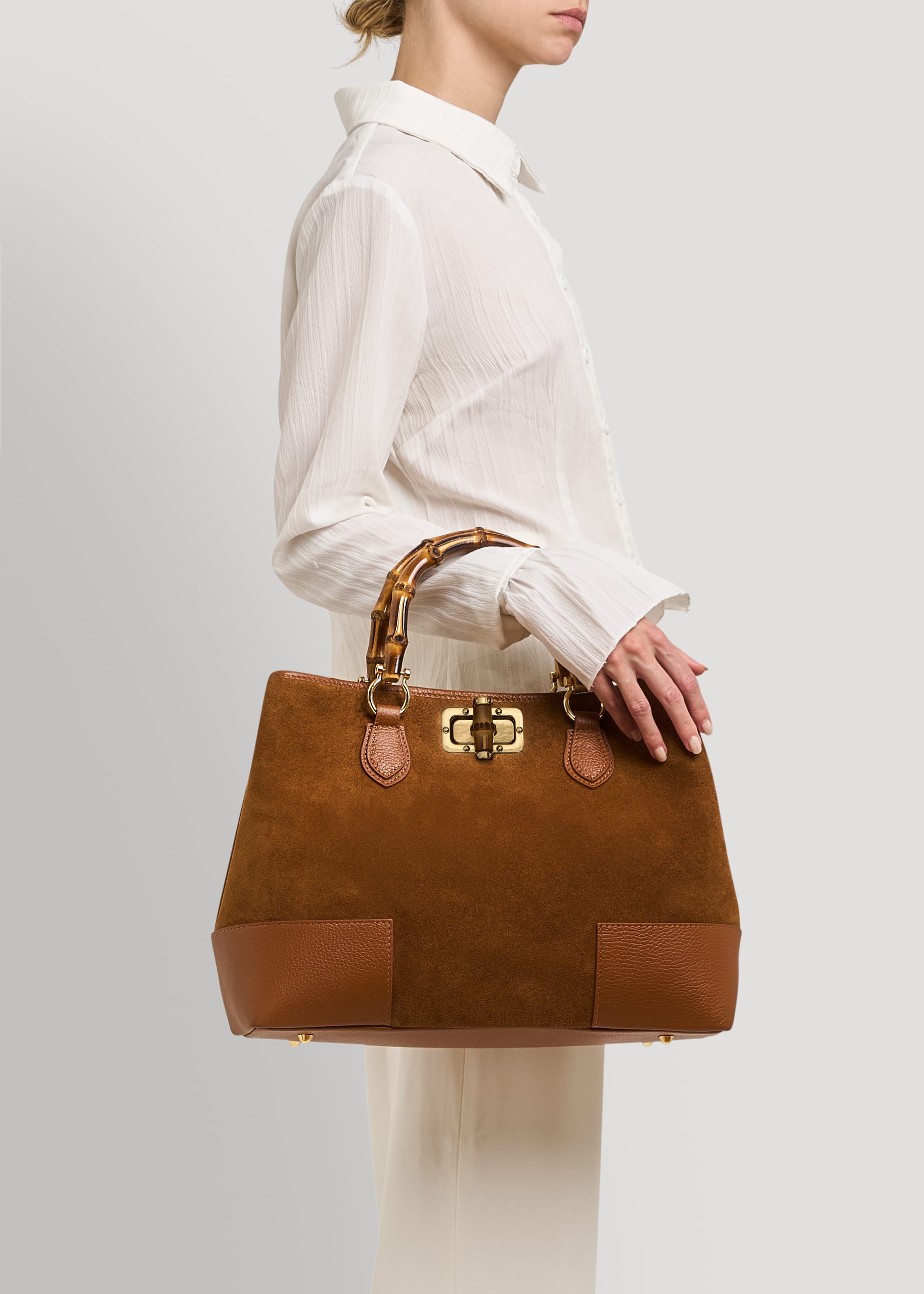 Borsa Bamboo Babe in Camoscio e Pelle Cuoio - Voemièn