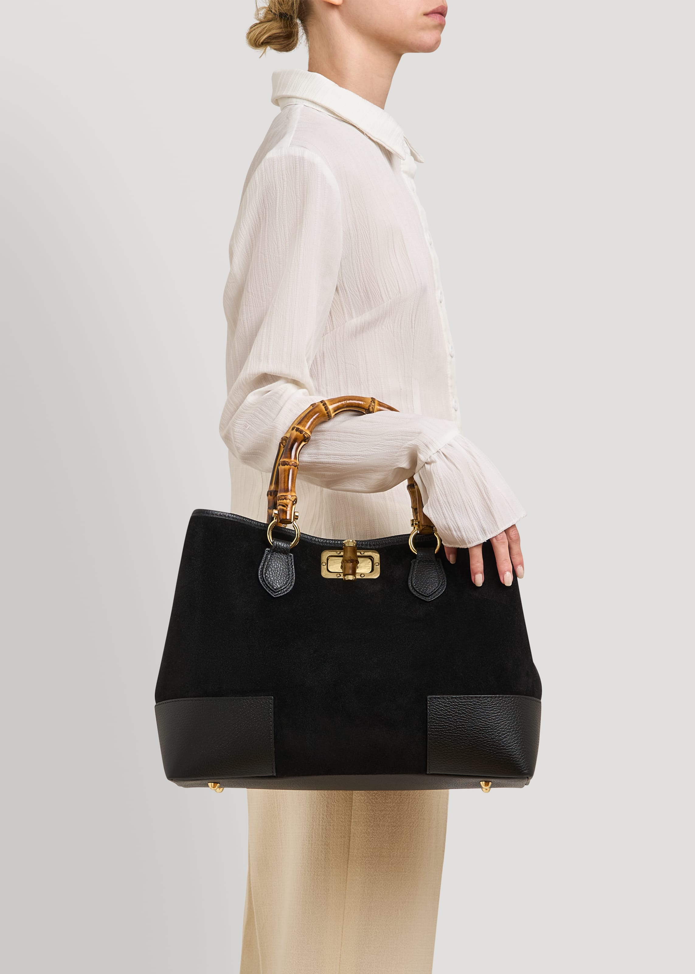 Borsa Bamboo Babe in Camoscio e Pelle Nera - Voemièn
