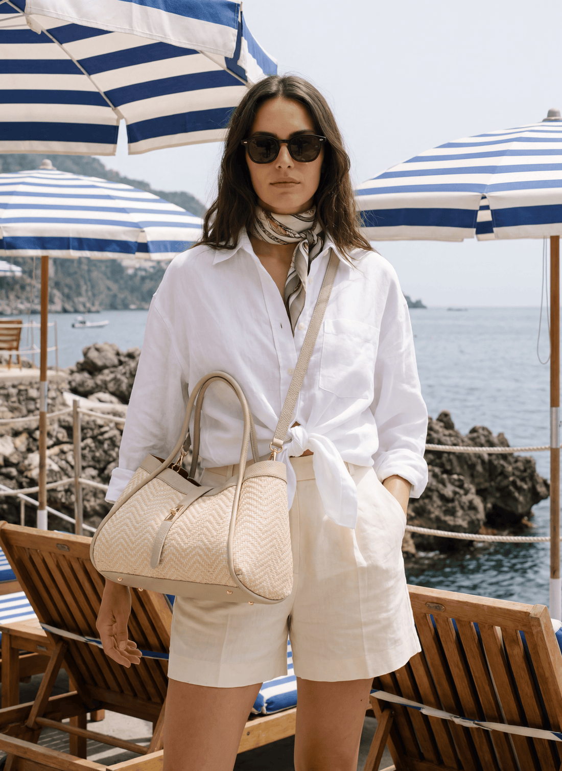 Borsa Mayfair in Pelle e Rafia Chevron Limited Edition Beige - Voemièn