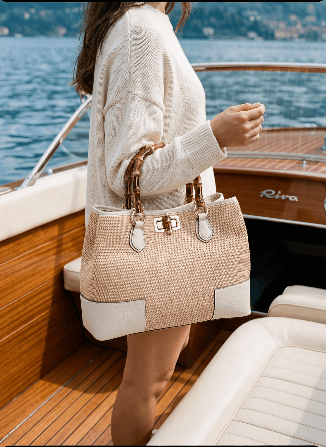 Borsa Bamboo Babe in pelle e Rafia Crema - Voemièn