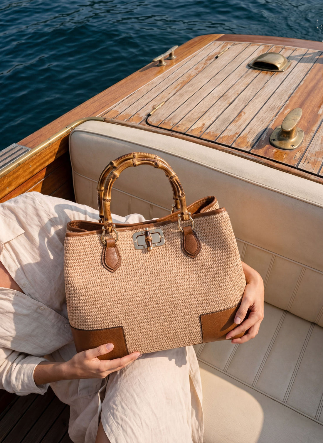 Borsa Bamboo Babe in pelle e Rafia Cuoio - Voemièn