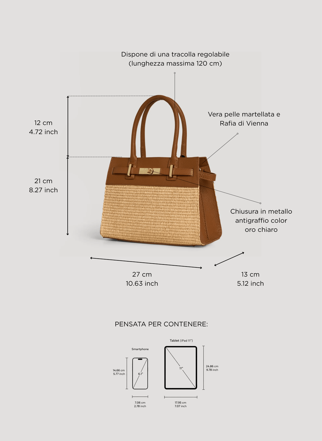 Borsa Grace in pelle e rafia Cuoio - Voemièn