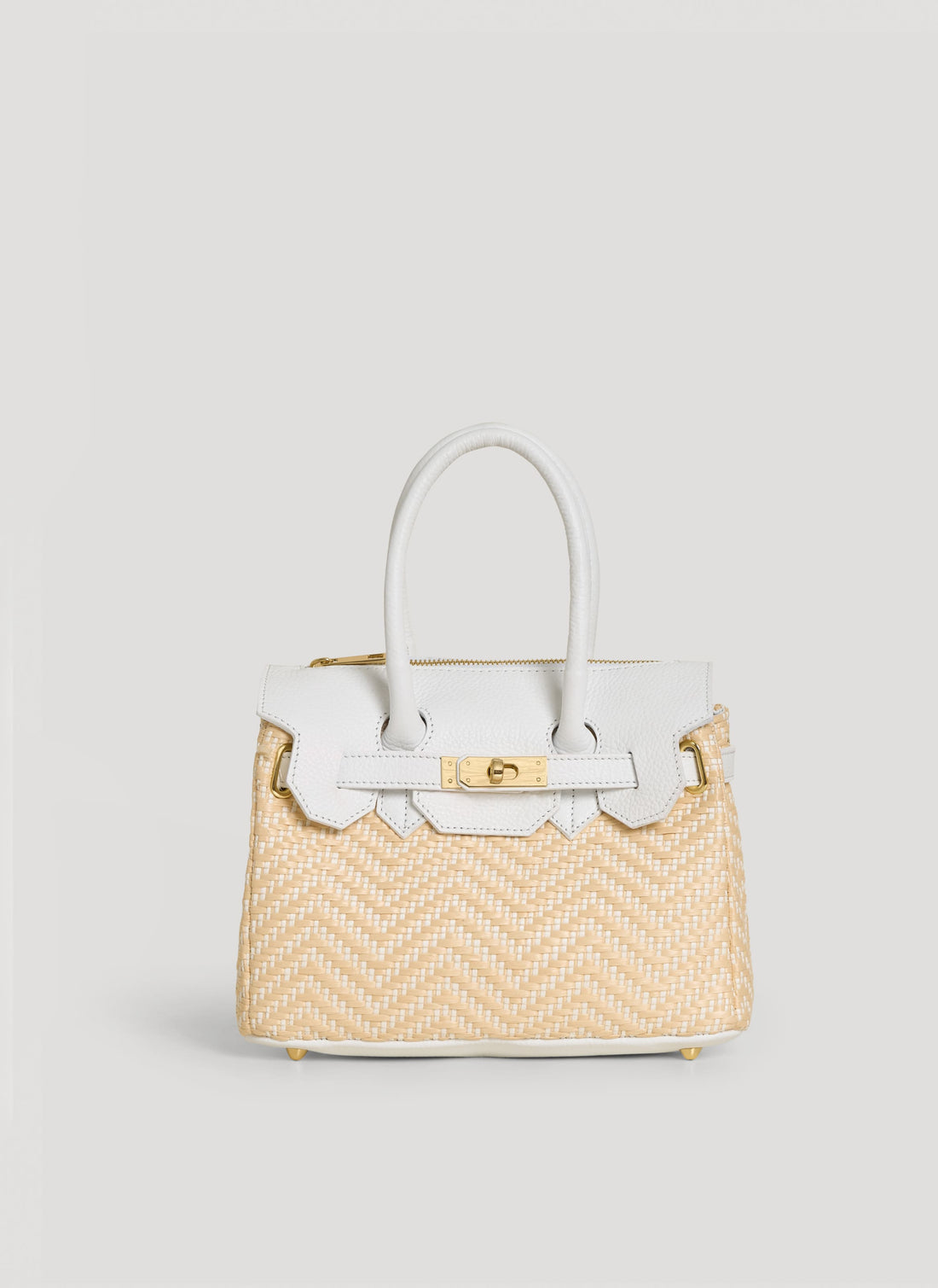 Borsa Elizabeth Media in Pelle e Rafia Chevron Limited Edition Bianca - Voemièn