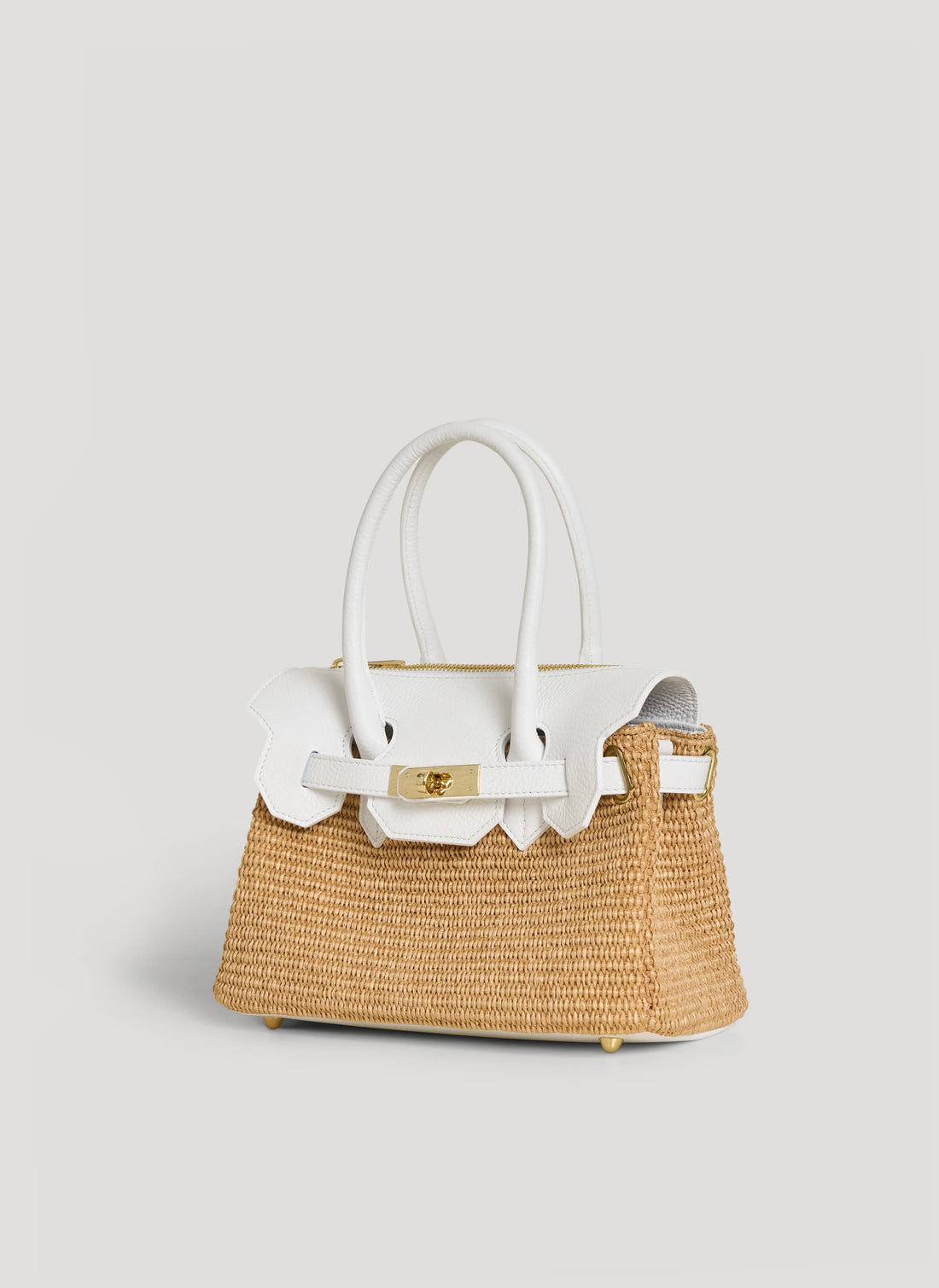 Borsa Elizabeth Media in Pelle e Rafia Bianca - Voemièn
