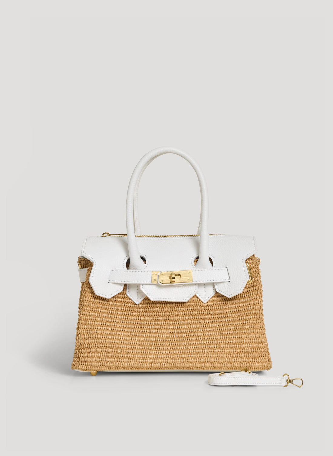 Borsa Elizabeth Media in Pelle e Rafia Bianca - Voemièn
