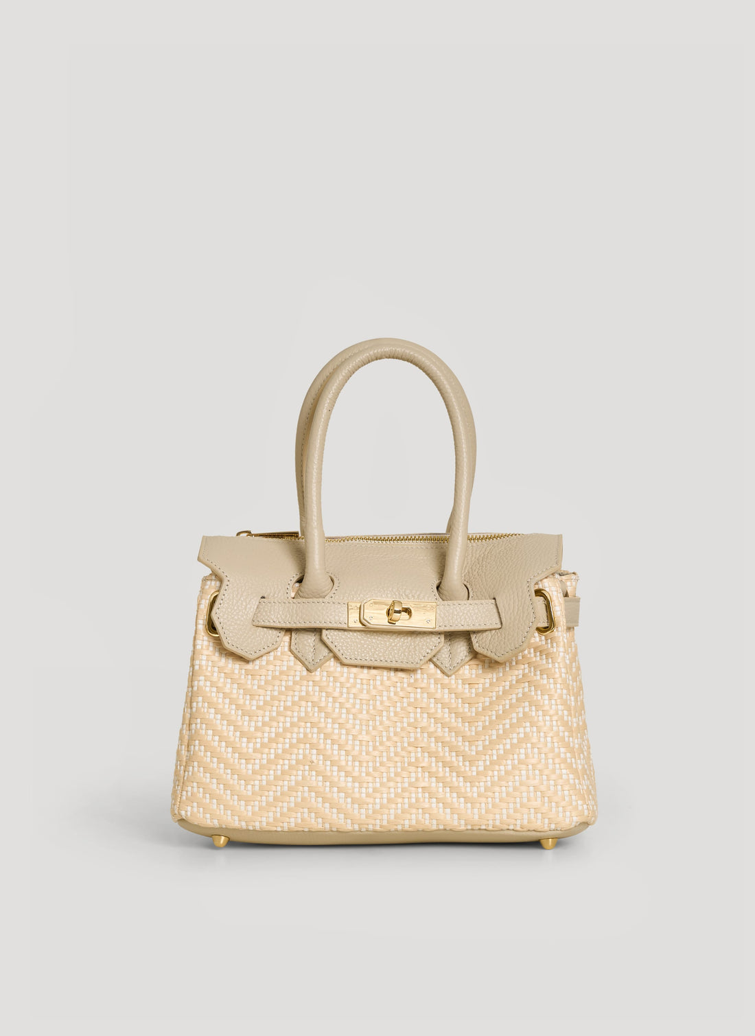 Borsa Elizabeth Media in Pelle e Rafia Chevron Limited Edition Beige - Voemièn