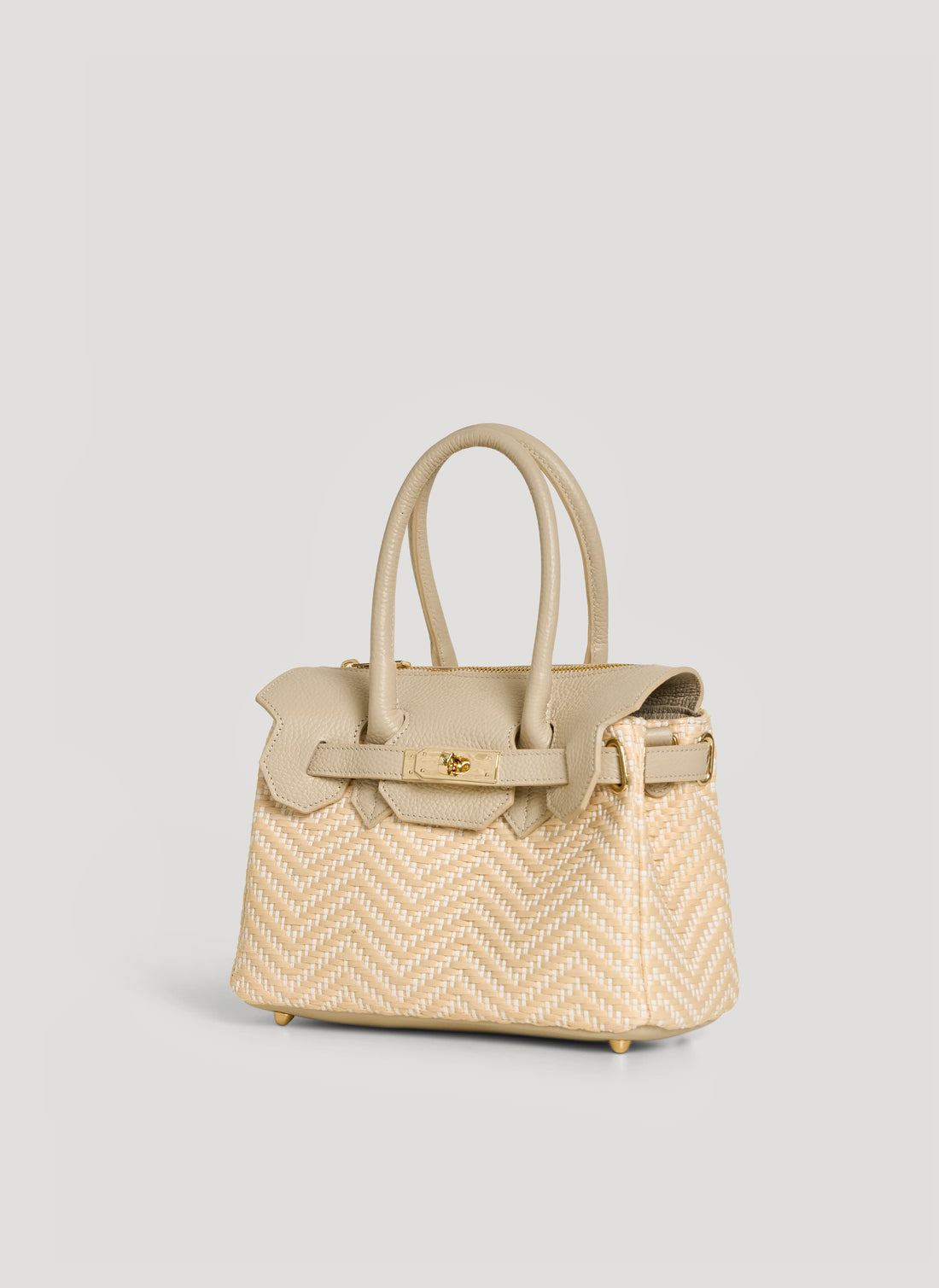 Borsa Elizabeth Media in Pelle e Rafia Chevron Limited Edition Beige - Voemièn