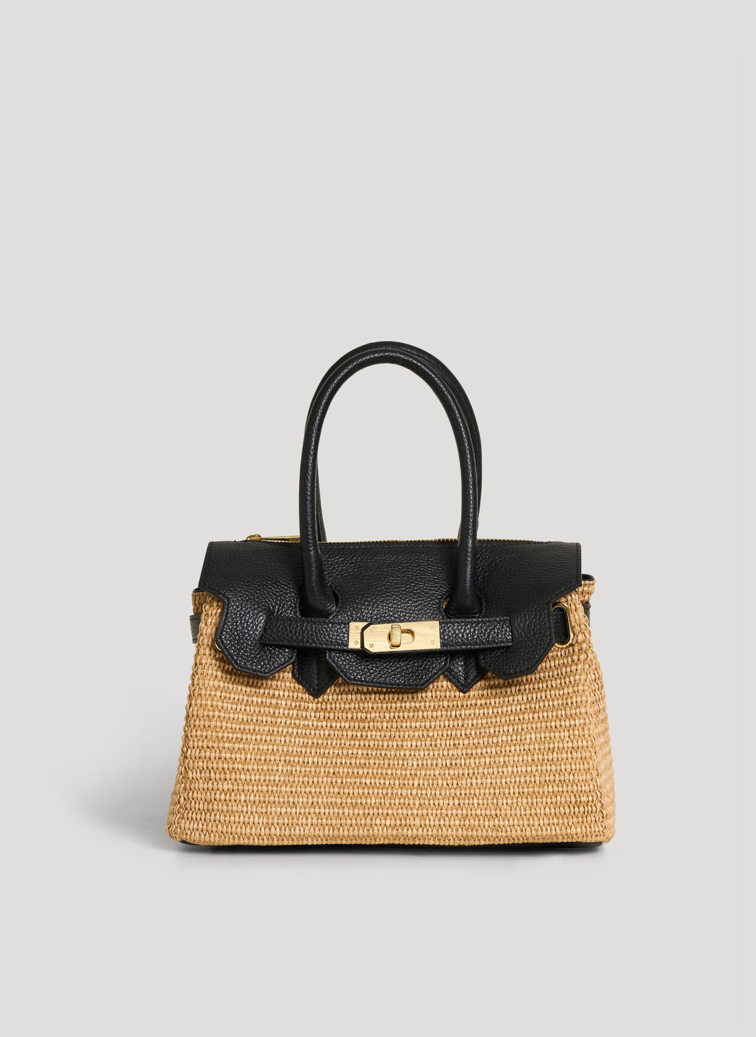 Borsa Elizabeth Media in Pelle e Rafia Nera - Voemièn