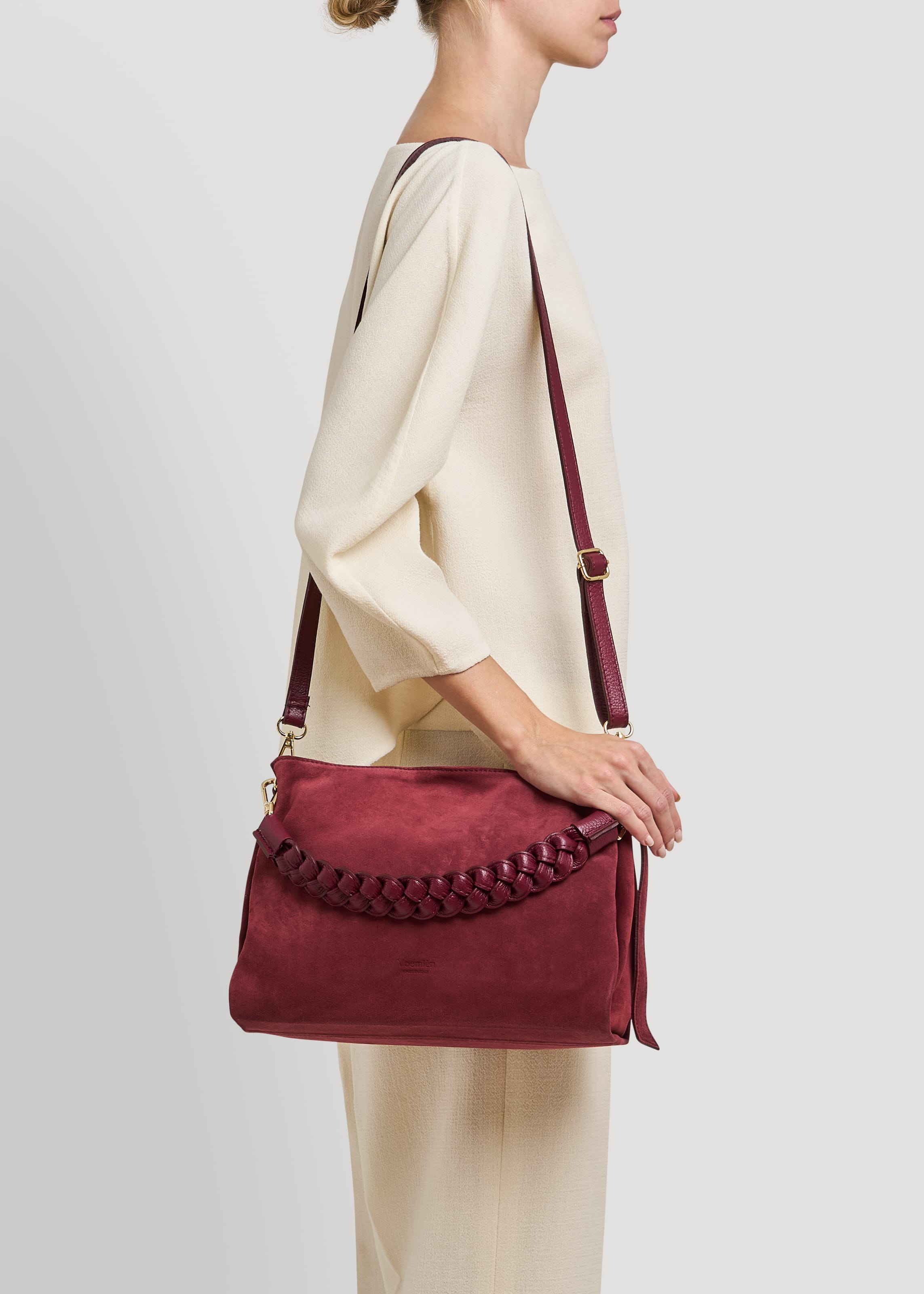Borsa Braid in Camoscio e Pelle Borgogna - Voemièn
