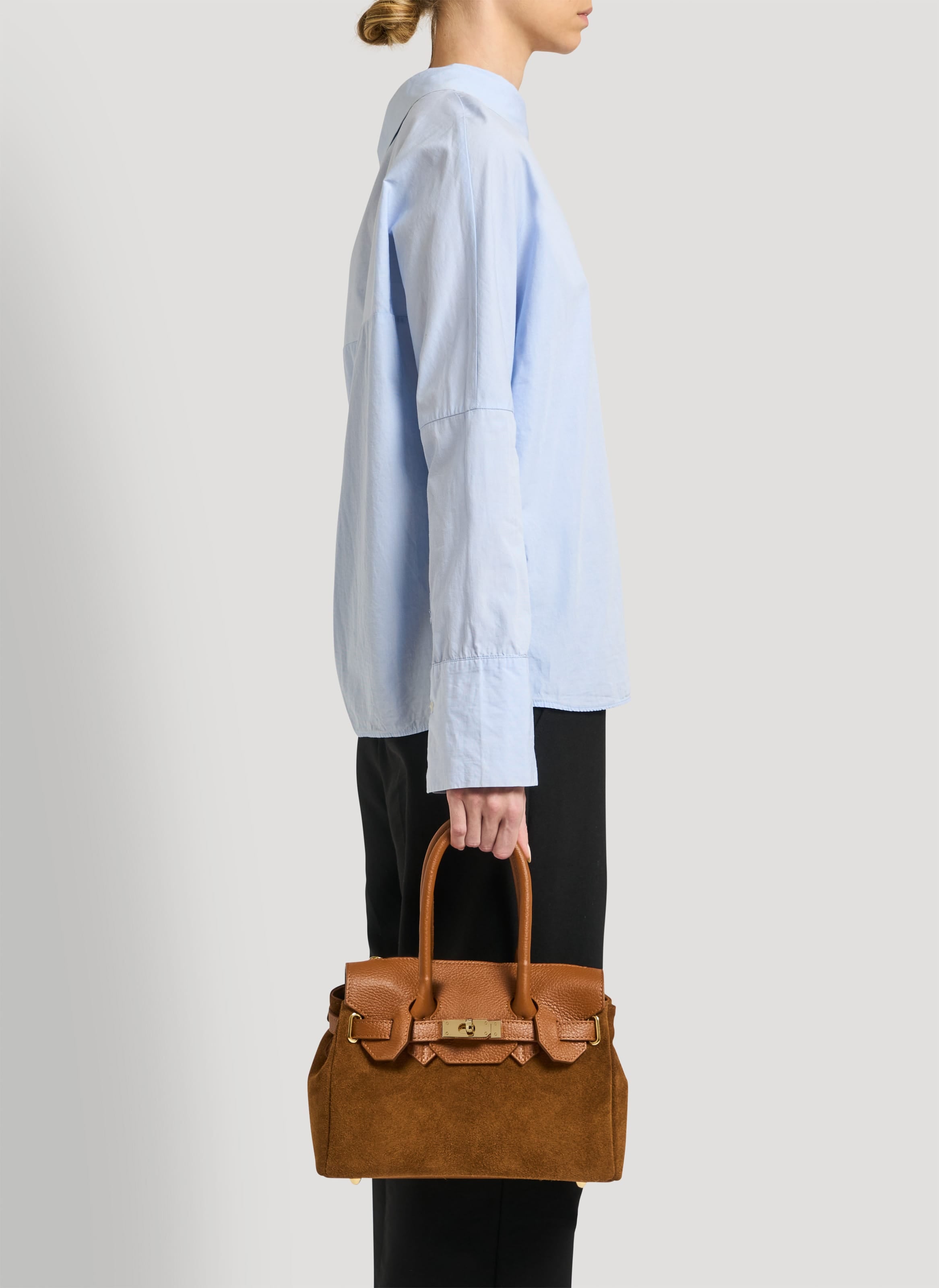 Borsa Elizabeth Micro in Camoscio e Pelle Cuoio - Voemièn