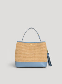 Kendy denim leather and raffia bag