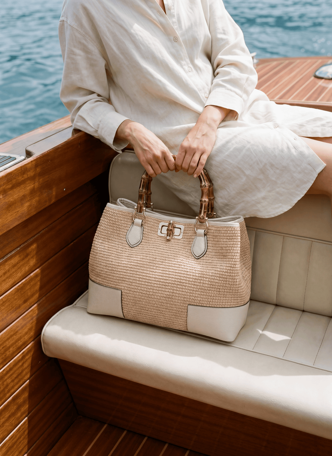 Borsa Bamboo Babe in pelle e Rafia Crema - Voemièn