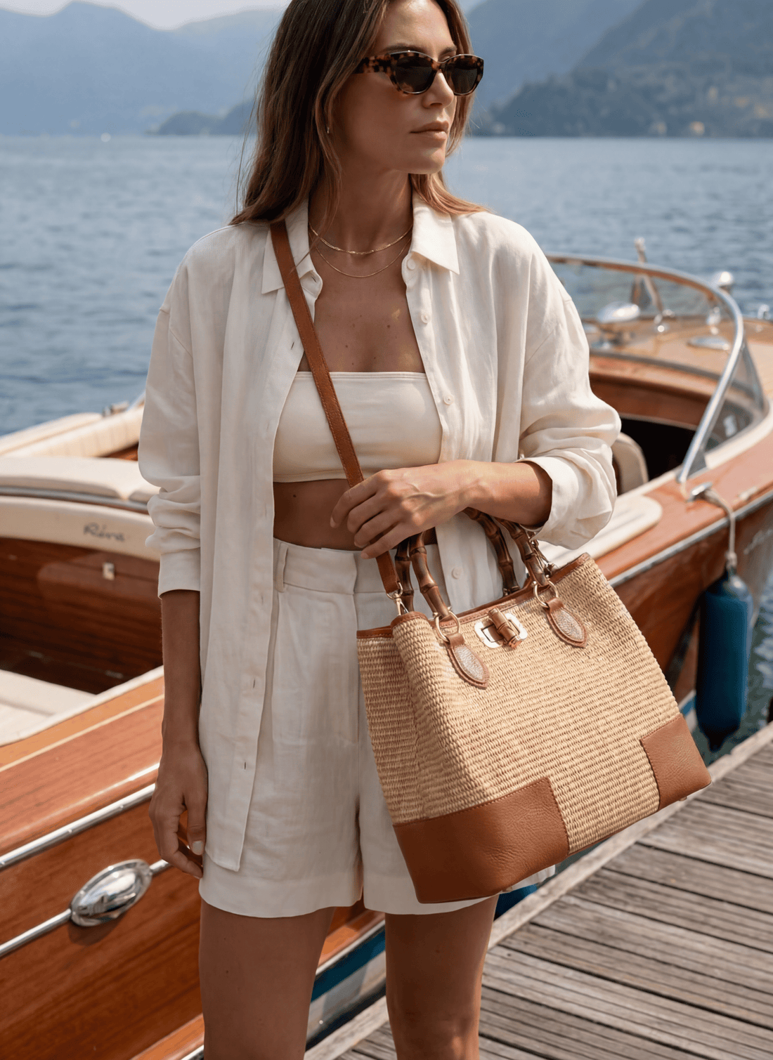 Borsa Bamboo Babe in pelle e Rafia Cuoio - Voemièn