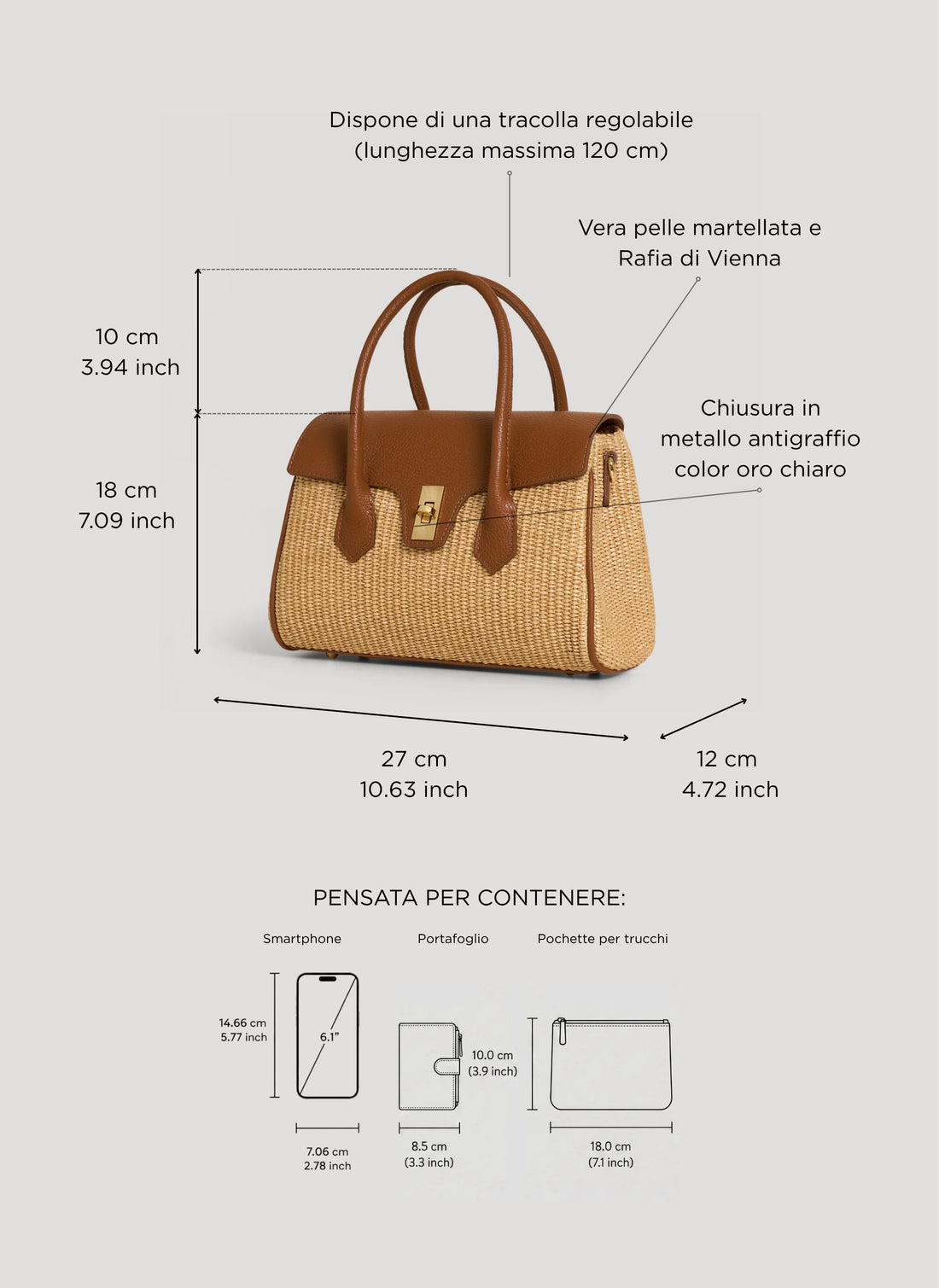 Cécile Leather and Raffia Bag in Cuoio