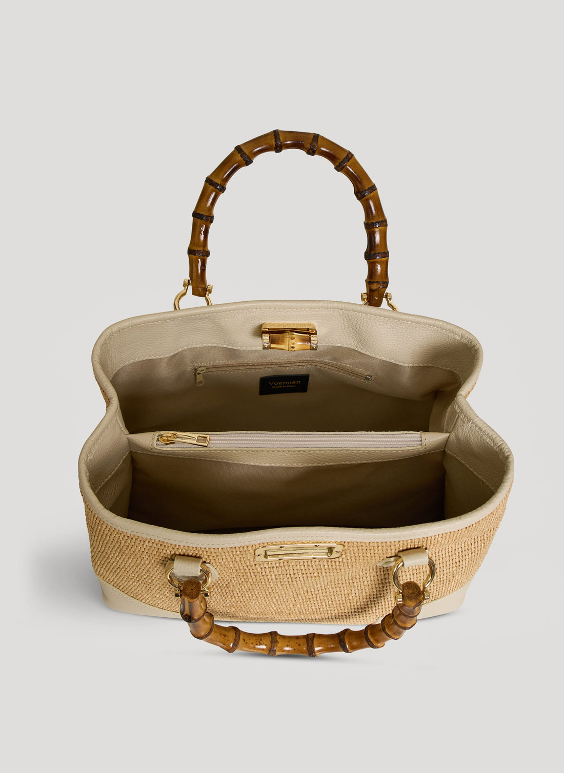 Borsa Bamboo Babe in pelle e Rafia Crema - Voemièn