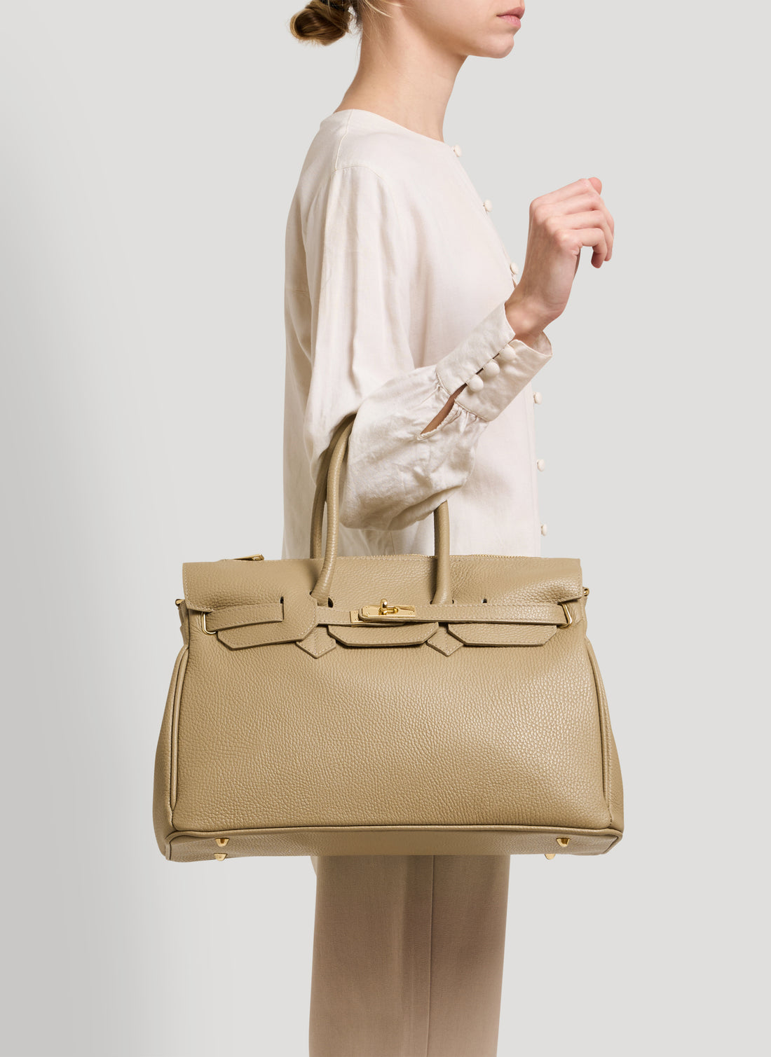 Borsa Elizabeth in Pelle Togo Taupe Chiaro - Voemièn
