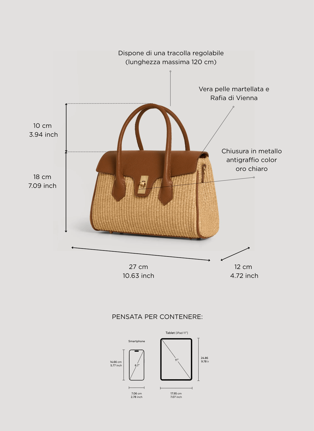 Borsa Cécile in Pelle e Rafia Cuoio - Voemièn