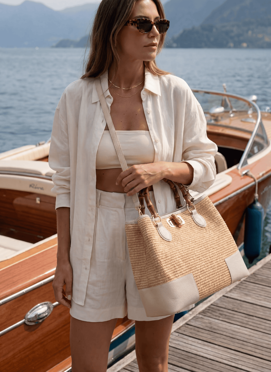 Borsa Bamboo Babe in pelle e Rafia Crema - Voemièn