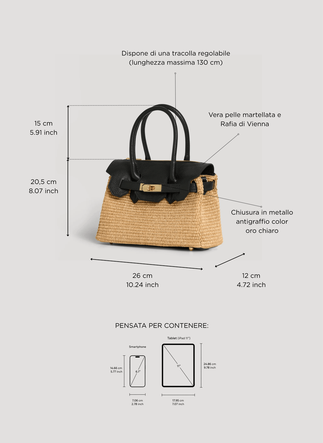 Borsa Elizabeth Media in Pelle e Rafia Nera - Voemièn