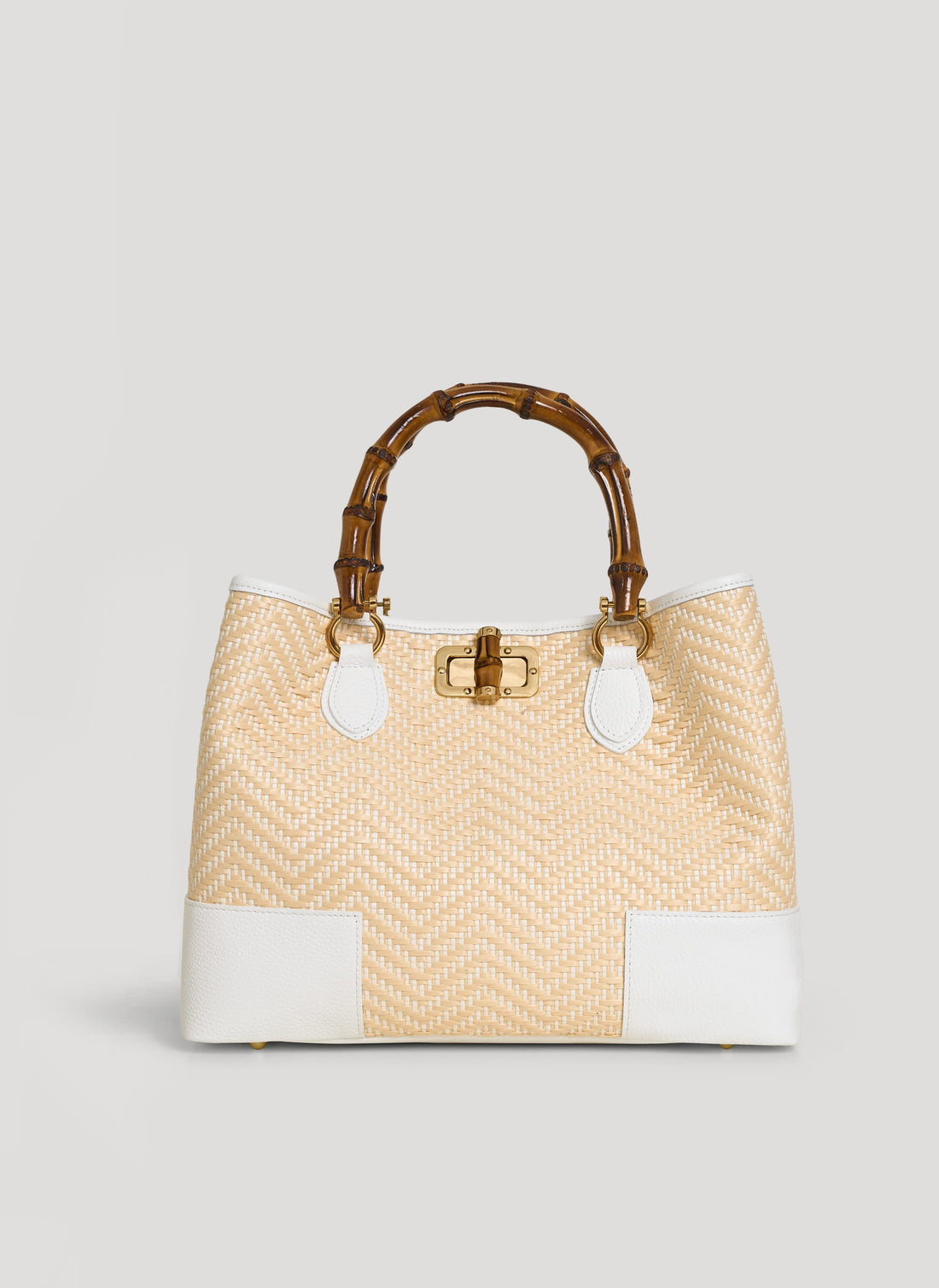 Borsa Bamboo Babe in pelle e Rafia Chevron Limited Edition Bianca - Voemièn