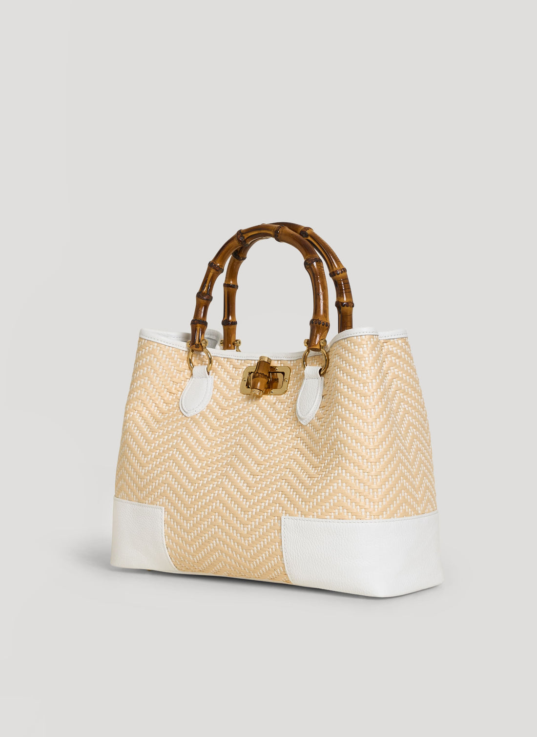 Borsa Bamboo Babe in pelle e Rafia Chevron Limited Edition Bianca - Voemièn