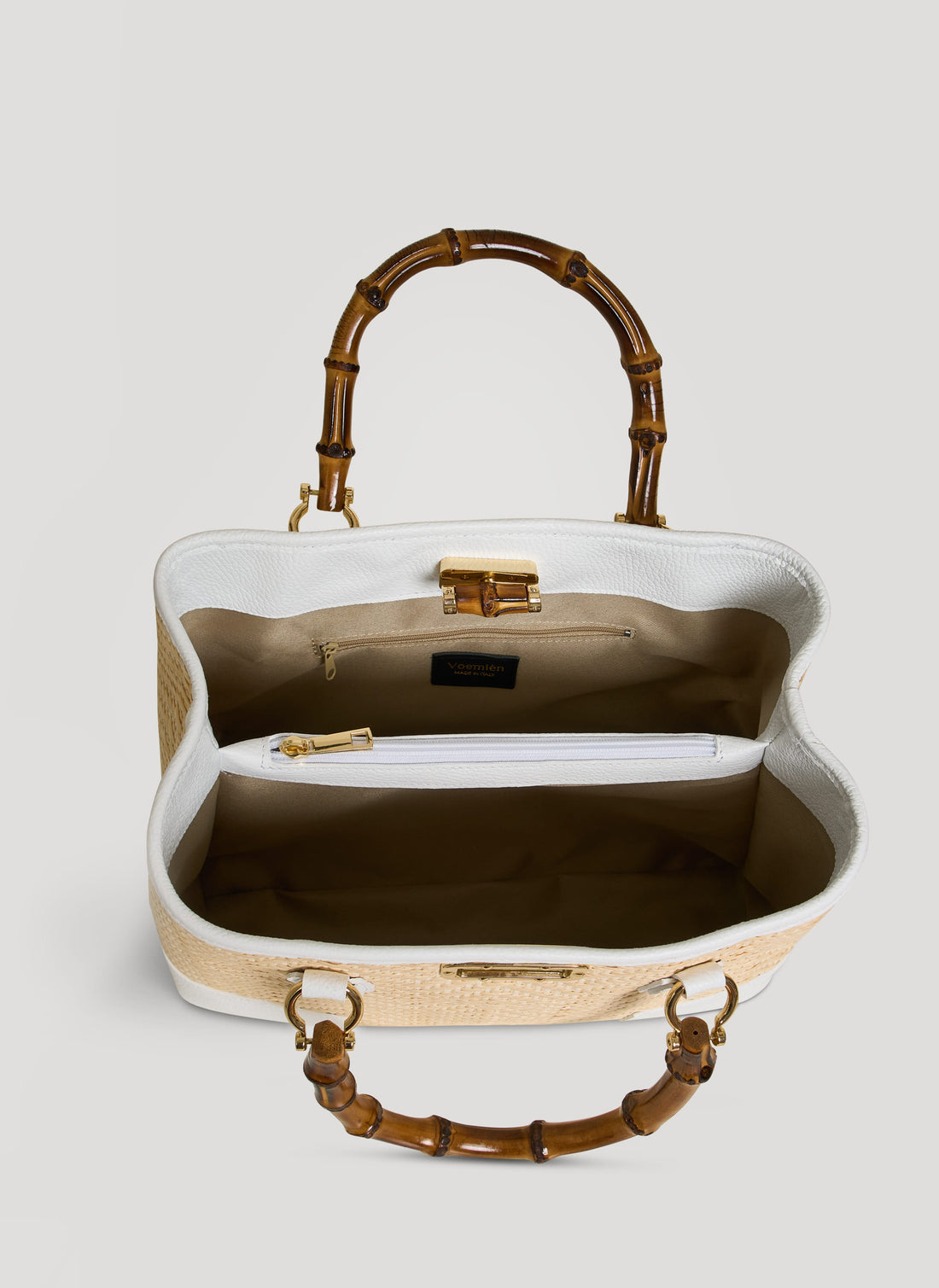 Borsa Bamboo Babe in pelle e Rafia Chevron Limited Edition Bianca - Voemièn