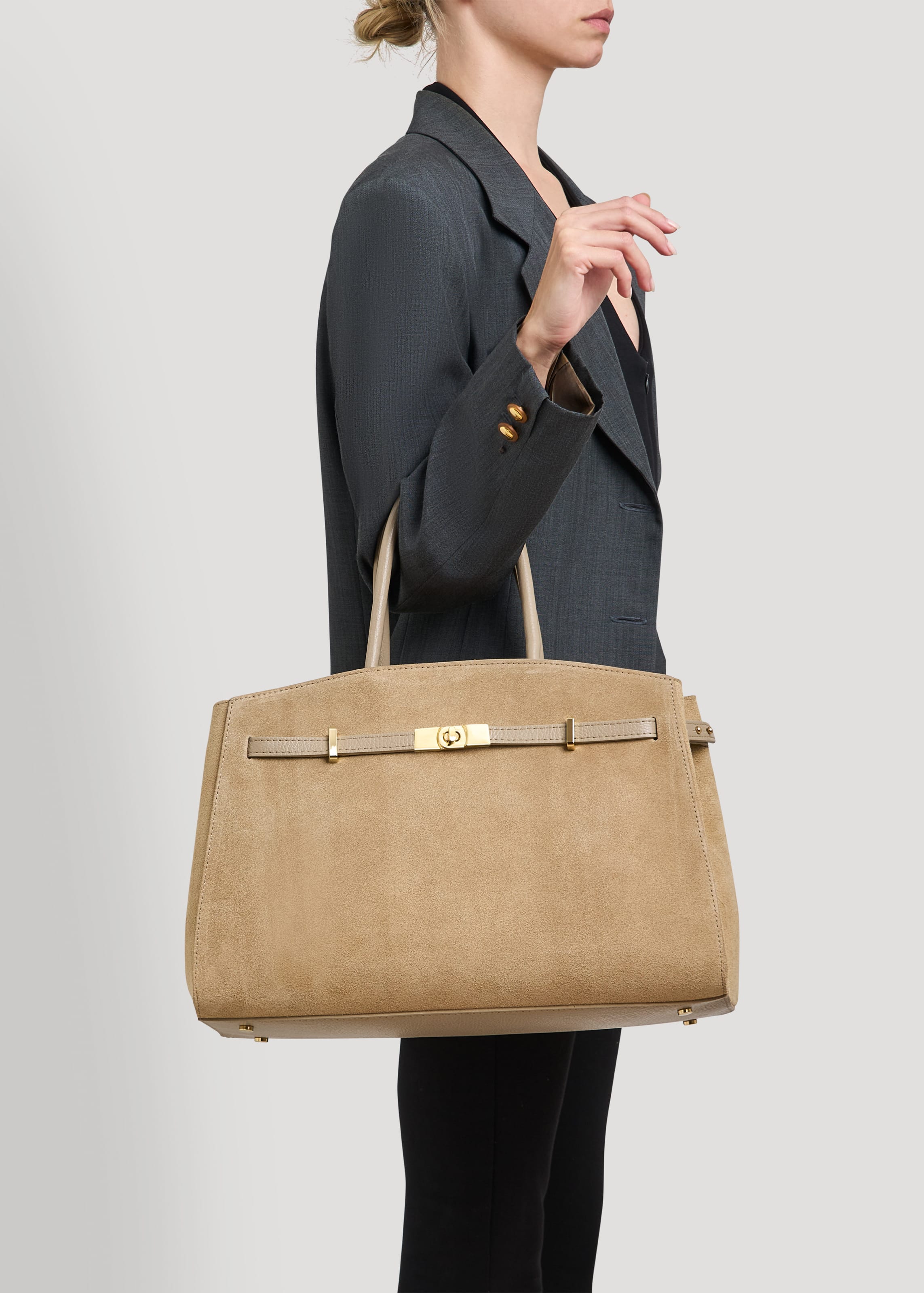 Borsa Driade in Camoscio e Pelle Taupe Chiaro - Voemièn