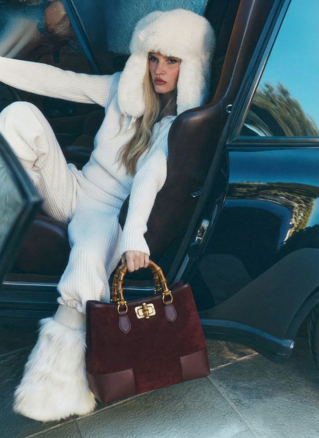 Borsa Bamboo Babe in Camoscio e Pelle Bordeaux - Voemièn