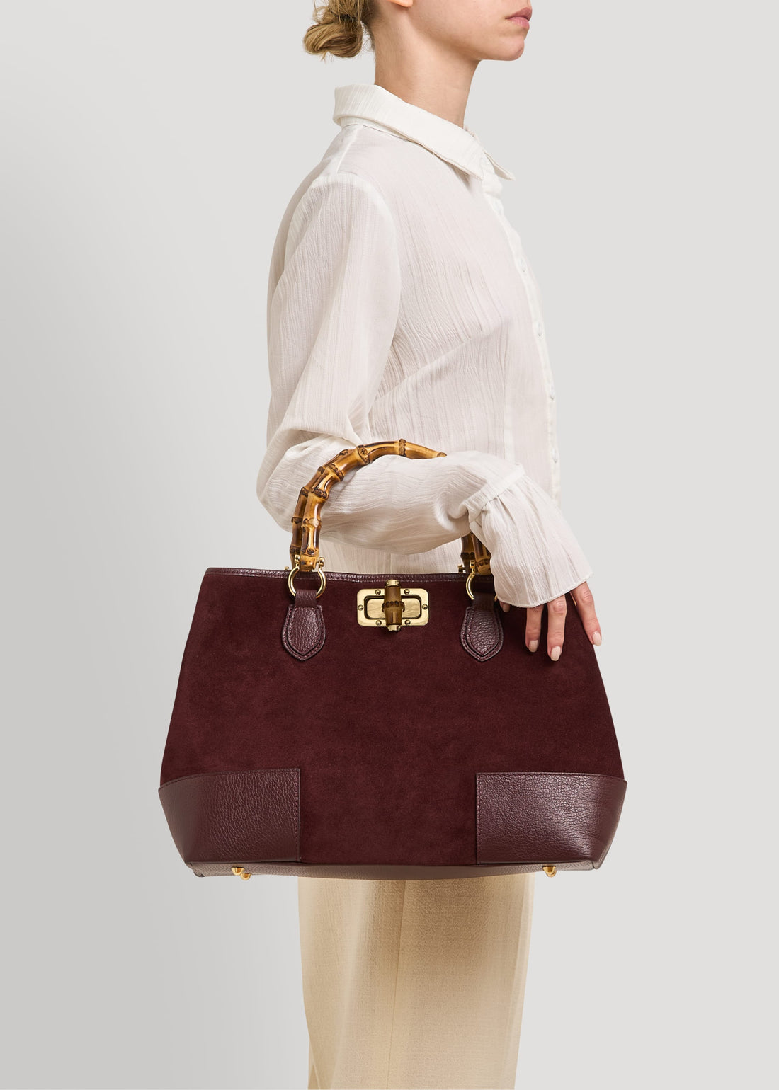Borsa Bamboo Babe in Camoscio e Pelle Bordeaux - Voemièn