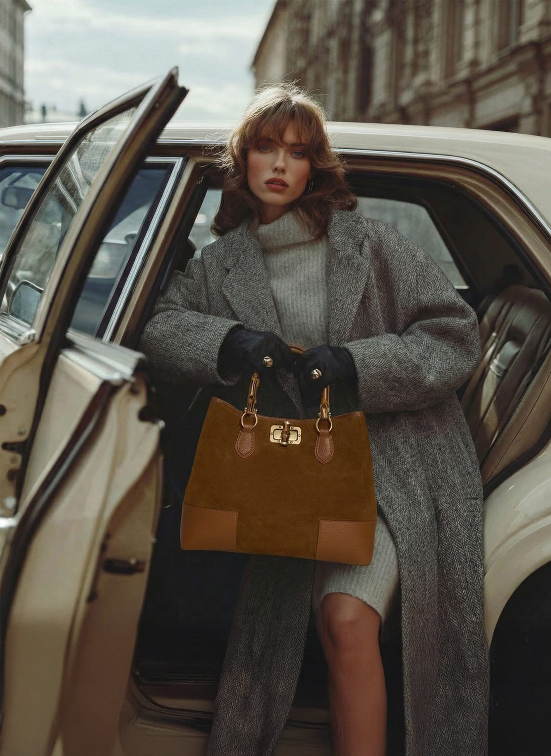 Borsa Bamboo Babe in Camoscio e Pelle Cuoio - Voemièn