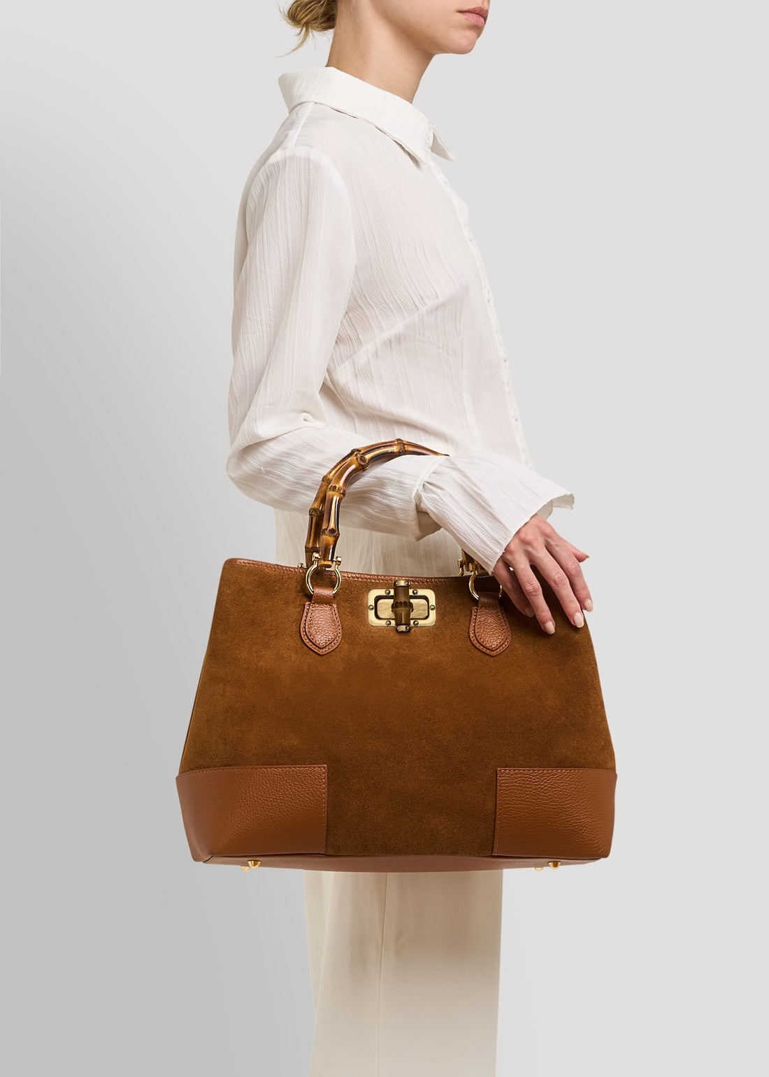 Borsa Bamboo Babe in Camoscio e Pelle Cuoio - Voemièn