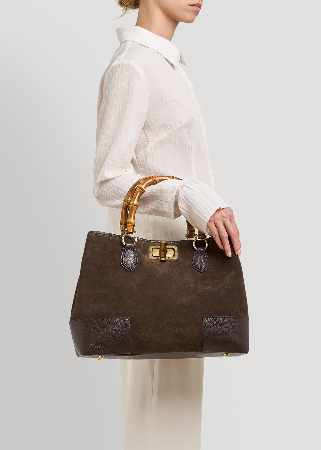Borsa Bamboo Babe in Camoscio e Pelle Testa di moro - Voemièn