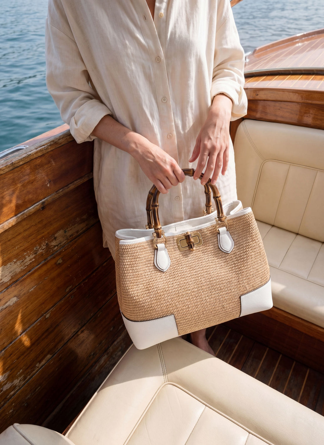 Borsa Bamboo Babe in pelle e Rafia Bianca - Voemièn