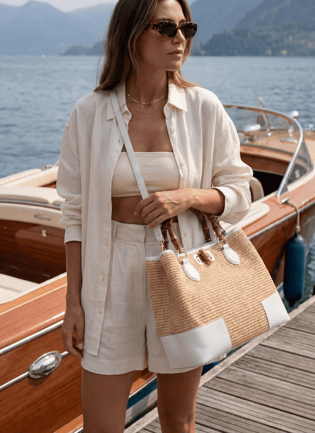 Borsa Bamboo Babe in pelle e Rafia Bianca - Voemièn