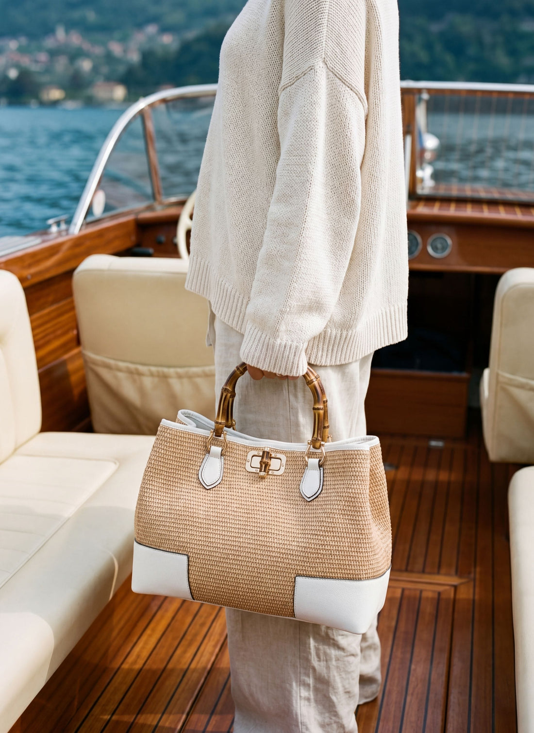 Borsa Bamboo Babe in pelle e Rafia Bianca - Voemièn