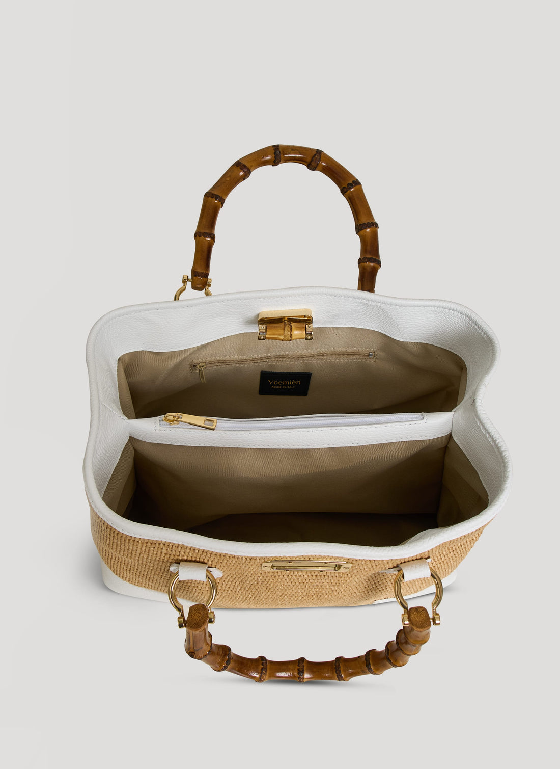 Borsa Bamboo Babe in pelle e Rafia Bianca - Voemièn