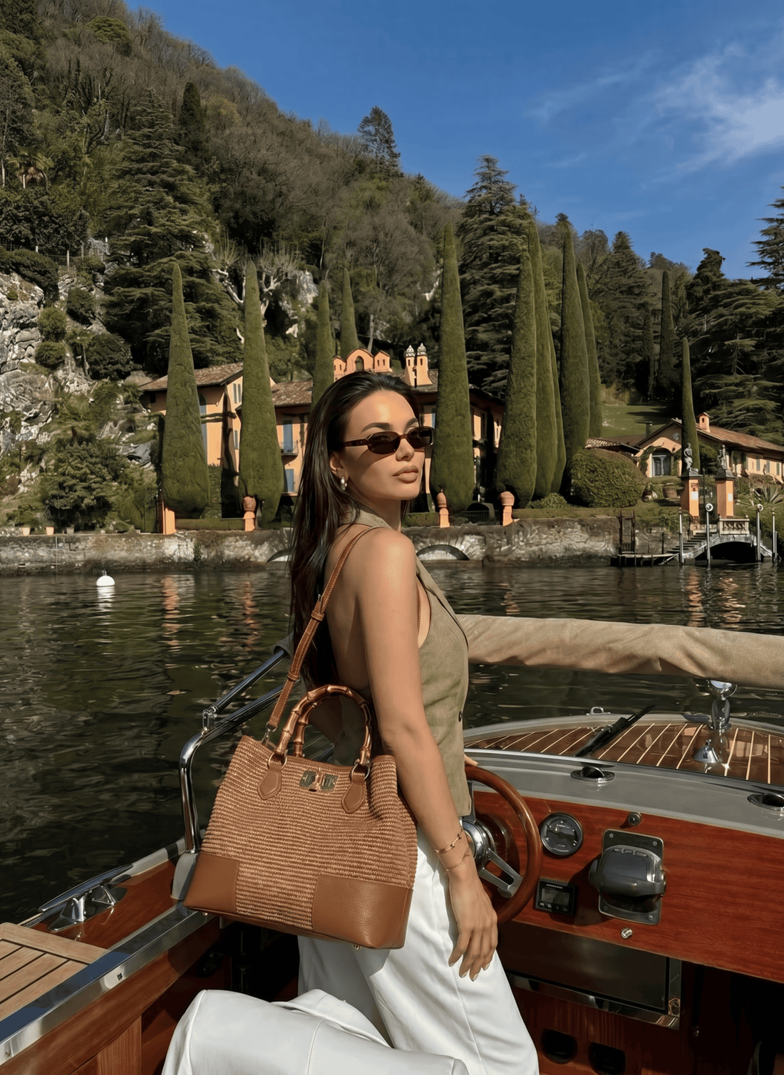 Borsa Bamboo Babe in Pelle e Rafia Limited Edition Cuoio - Voemièn