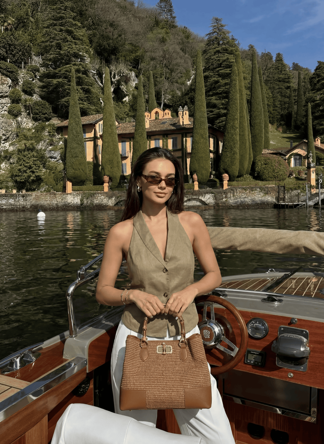 Borsa Bamboo Babe in Pelle e Rafia Limited Edition Cuoio - Voemièn