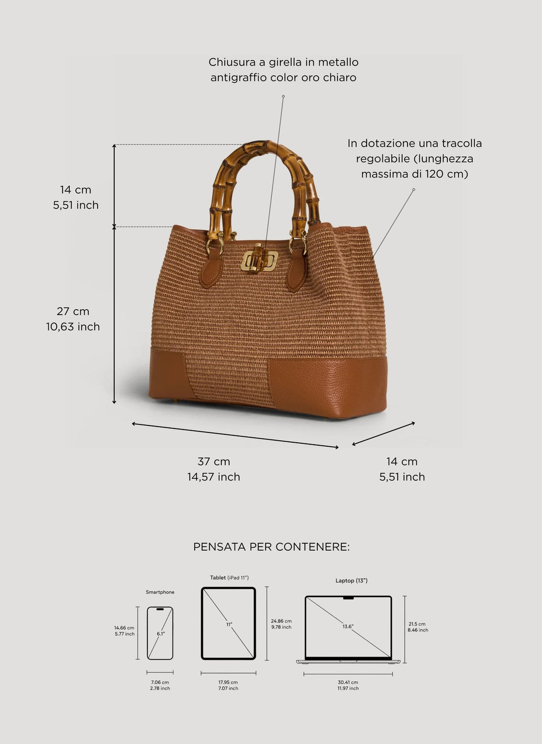 Borsa Bamboo Babe in Pelle e Rafia Limited Edition Cuoio - Voemièn