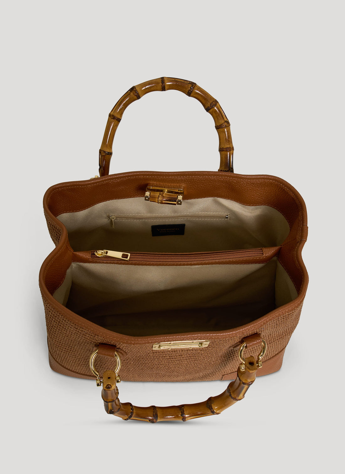 Borsa Bamboo Babe in Pelle e Rafia Limited Edition Cuoio - Voemièn