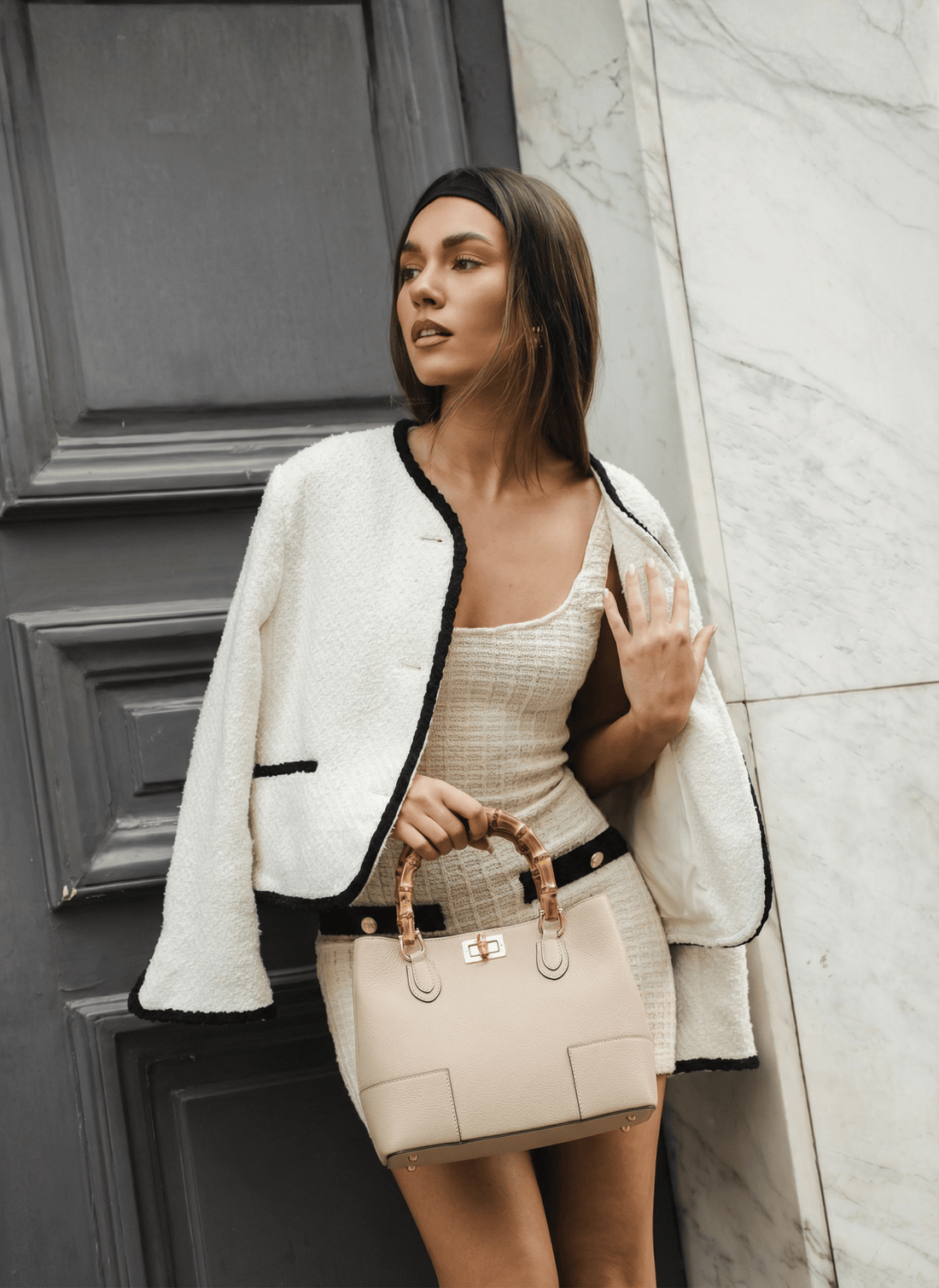 Borsa Bamboo Babe micro in pelle Dollaro Beige - Voemièn