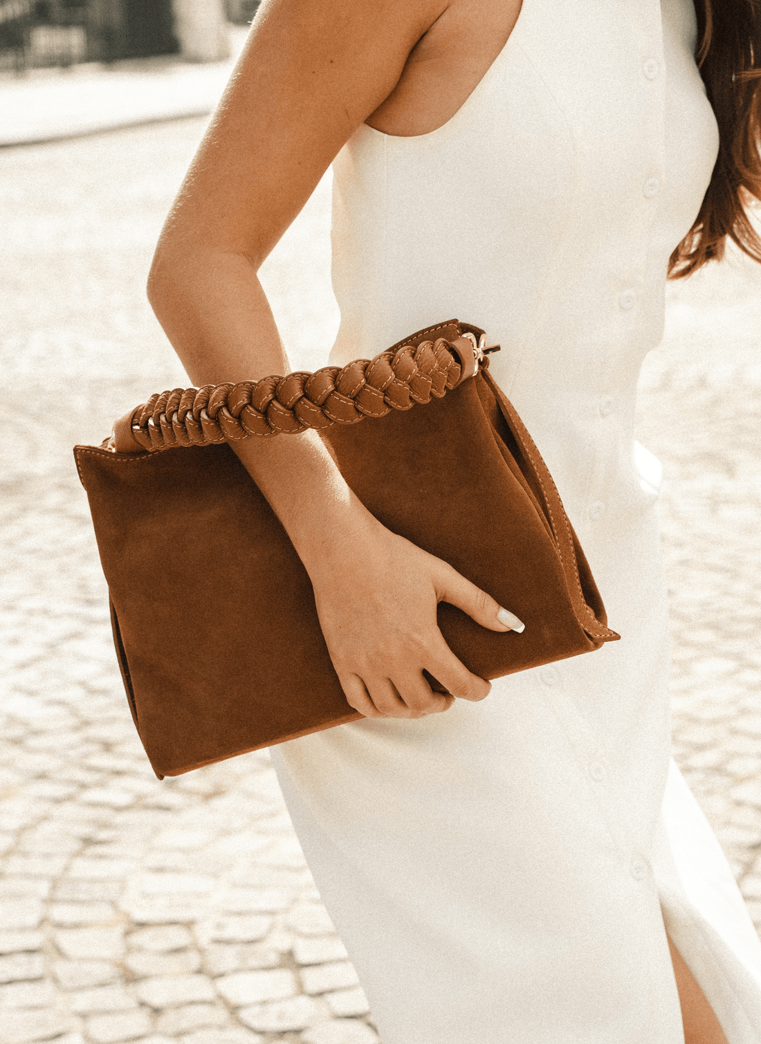 Borsa Braid in Camoscio e Pelle Cuoio - Voemièn