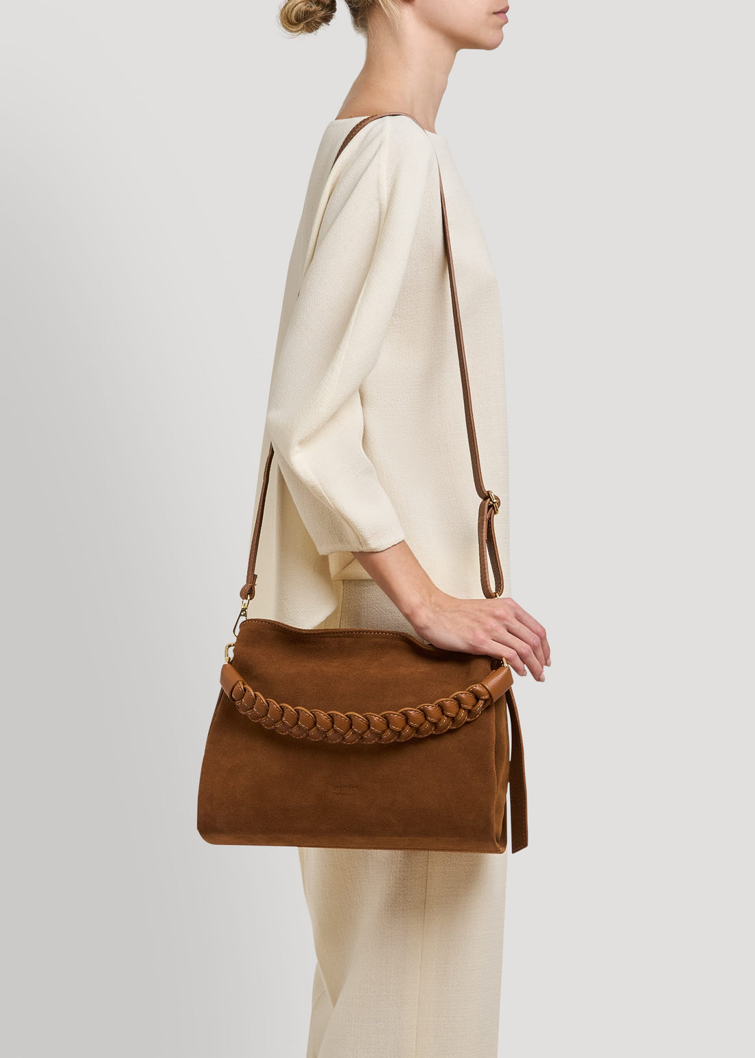 Borsa Braid in Camoscio e Pelle Cuoio - Voemièn