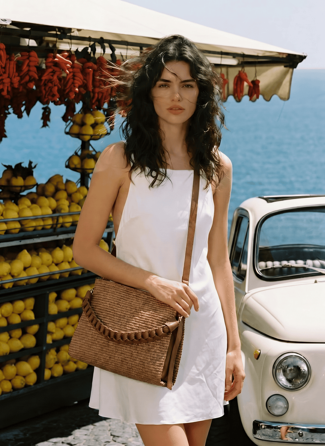 Borsa Braid in Pelle e Rafia Limited Edition Cuoio - Voemièn