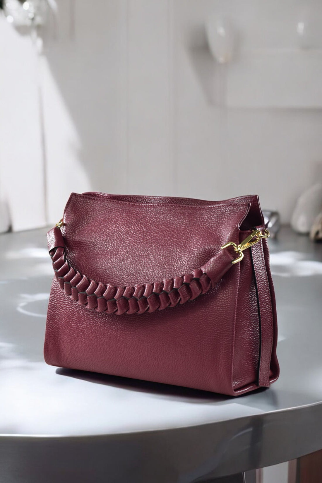 Borsa Braid in pelle Dollaro Rosso Borgogna