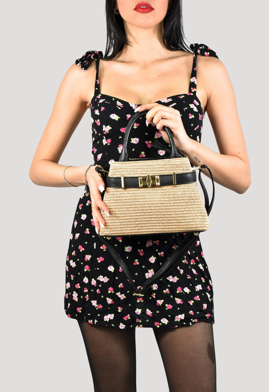 Borsa Elysia in pelle e rafia Nero