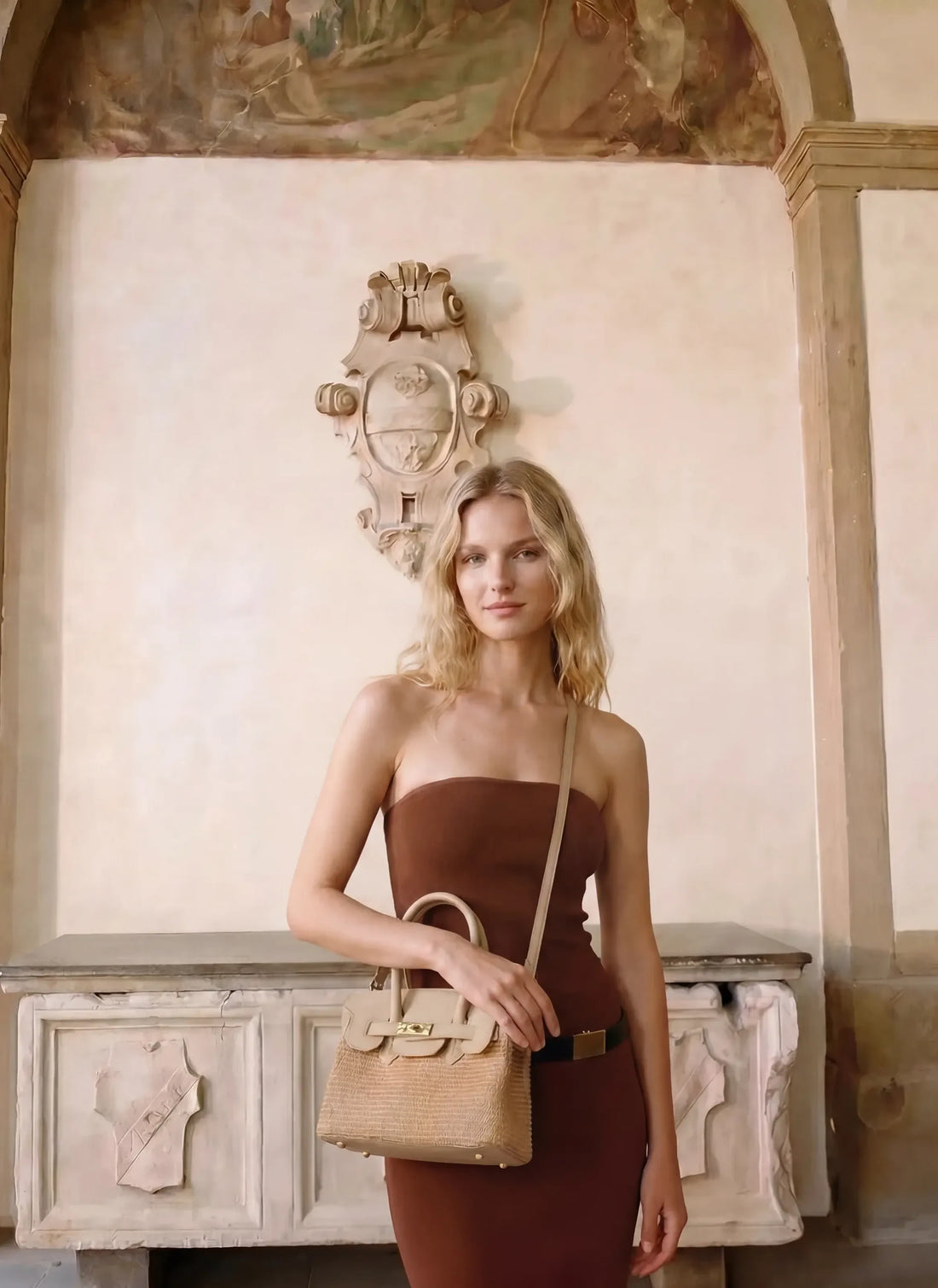 Borsa Elizabeth Media in Pelle e Rafia Crema - Voemièn
