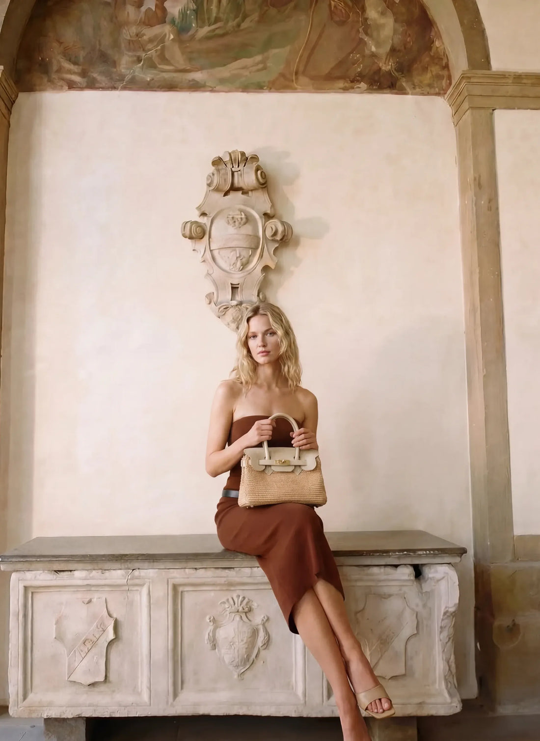 Borsa Elizabeth Media in Pelle e Rafia Crema - Voemièn