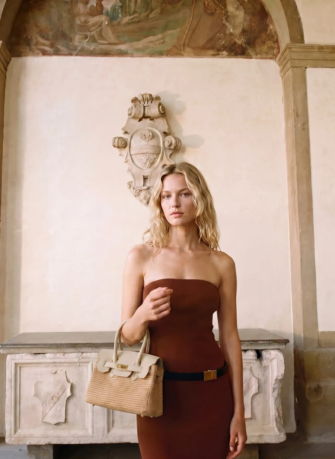 Borsa Elizabeth Media in Pelle e Rafia Crema - Voemièn