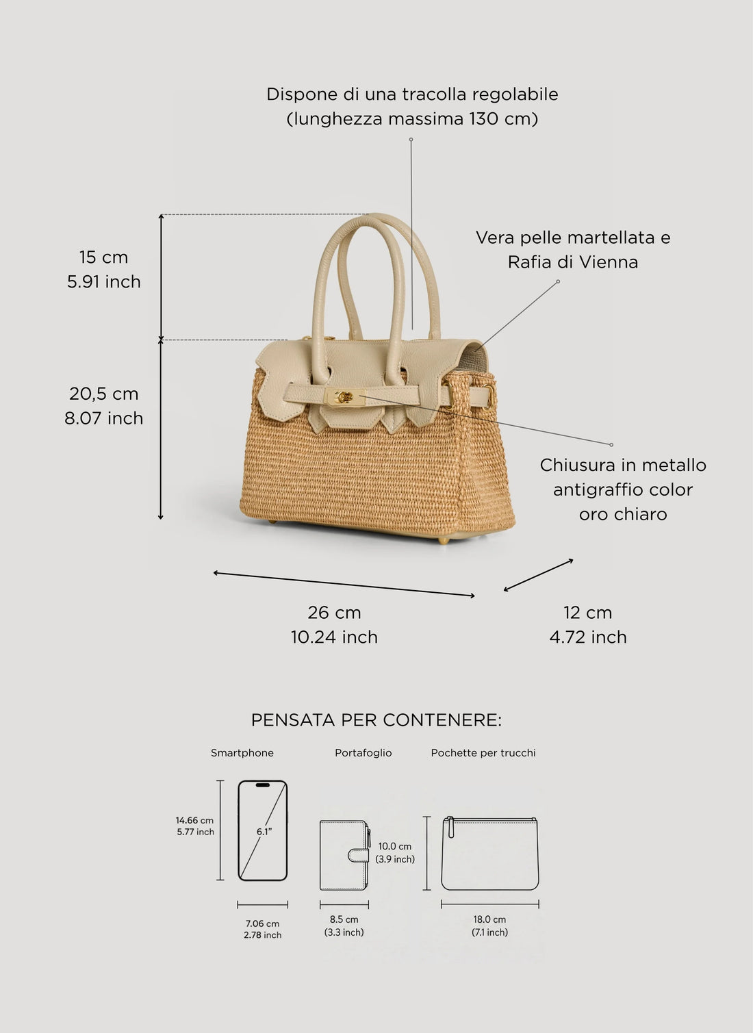 Borsa Elizabeth Media in Pelle e Rafia Crema - Voemièn